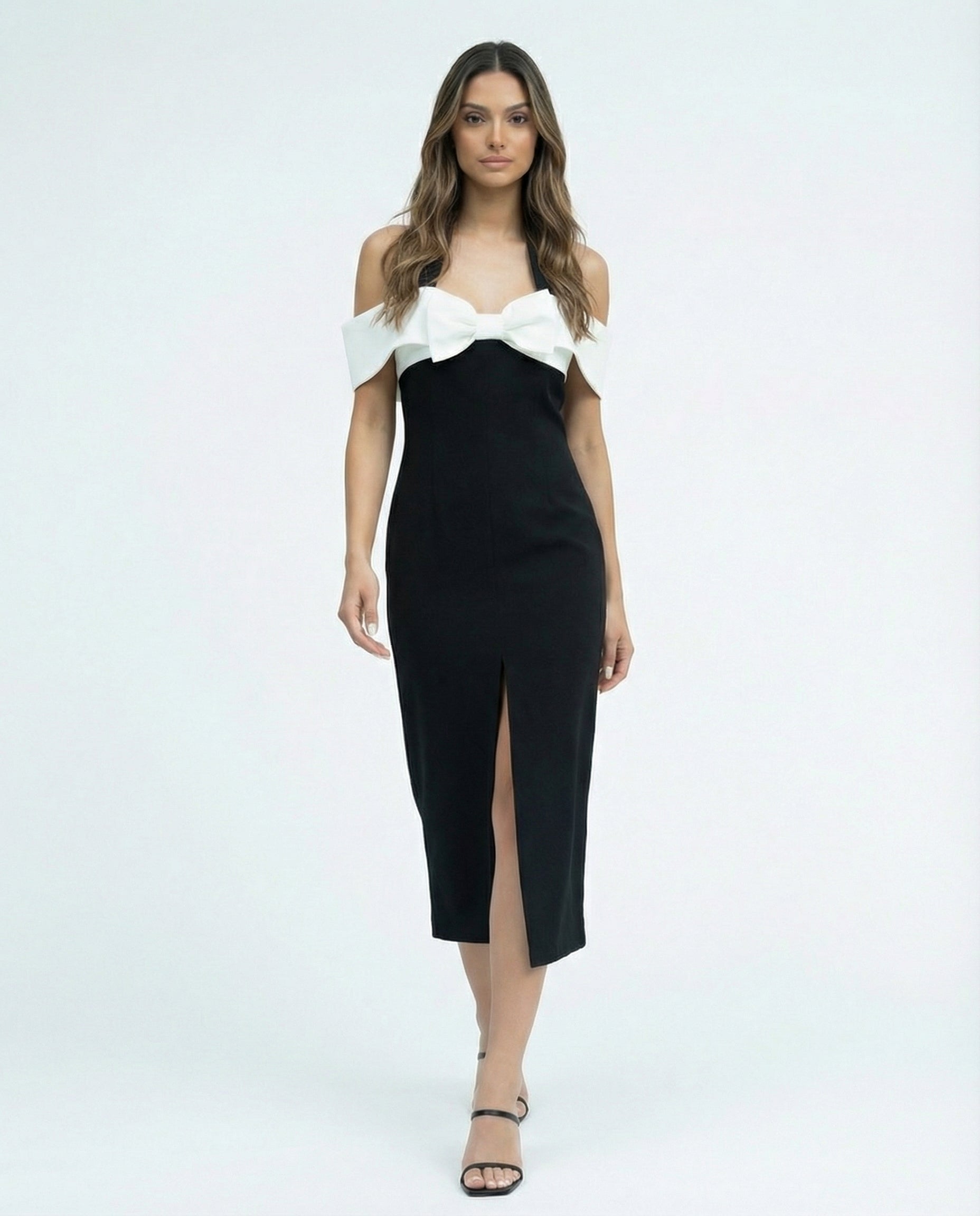 Tailored black midi dress with front slit