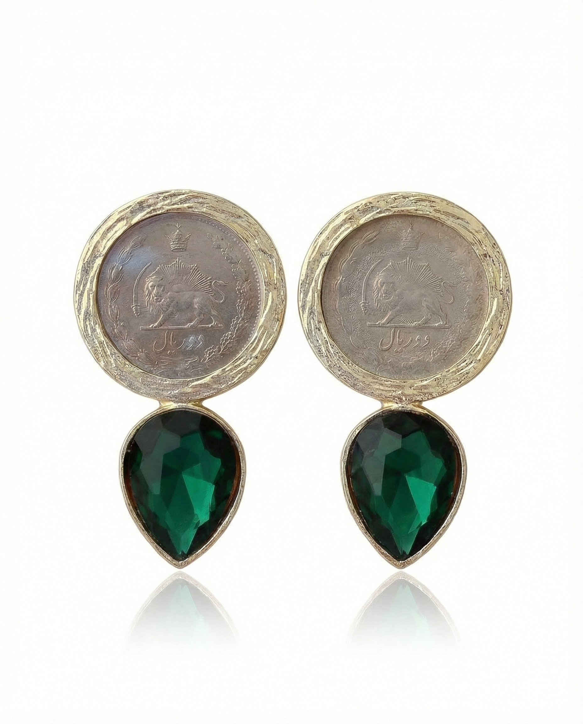 Vintage Persian coin earrings with emerald crystal