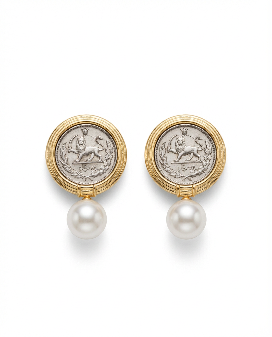 Gold imperial lion coin earrings with pearl drop