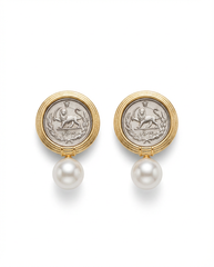 Gold imperial lion coin earrings with pearl drop