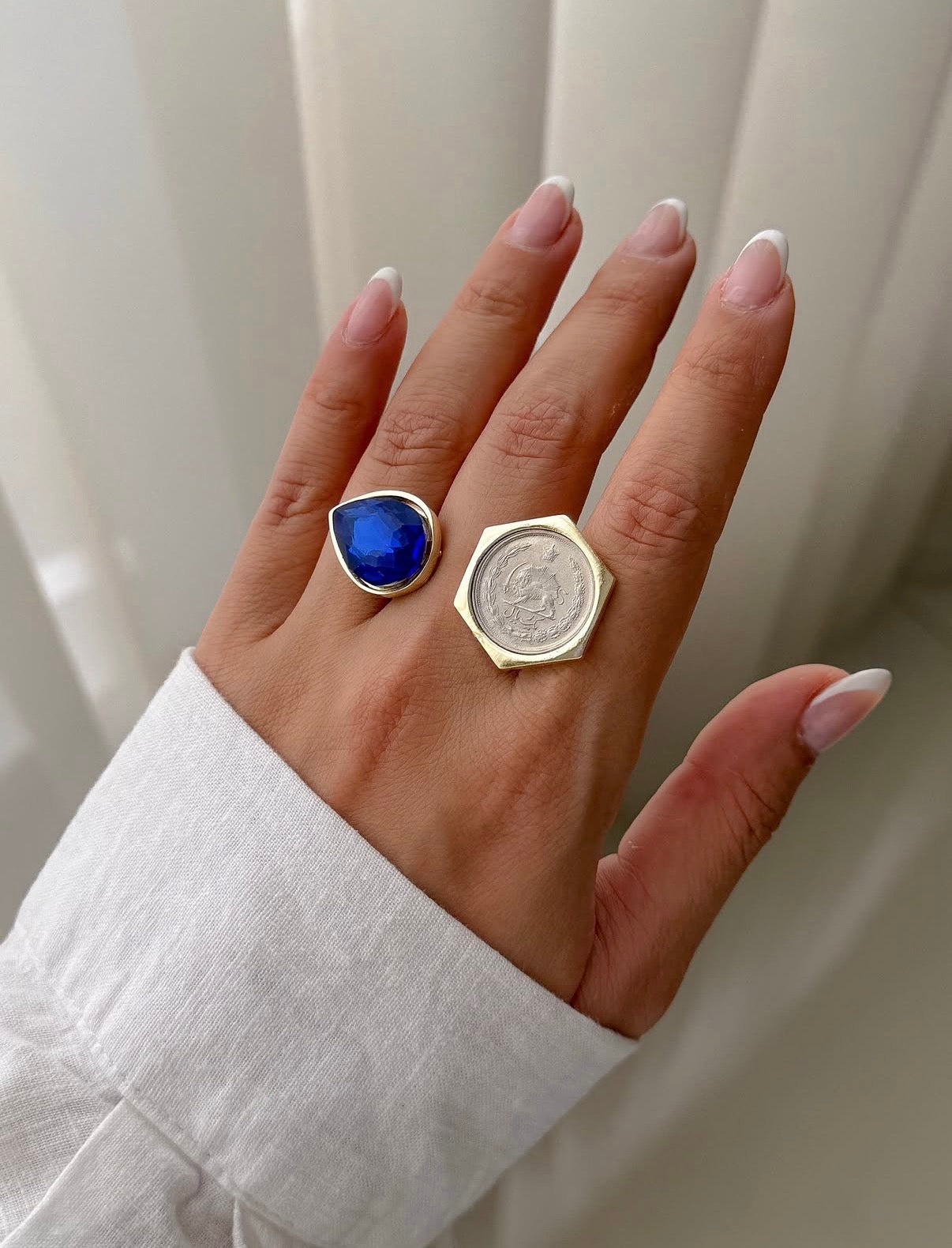 Persian coin statement ring on hand 1