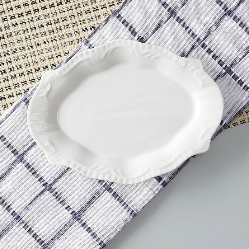 White ceramic dish on a checkered cloth
