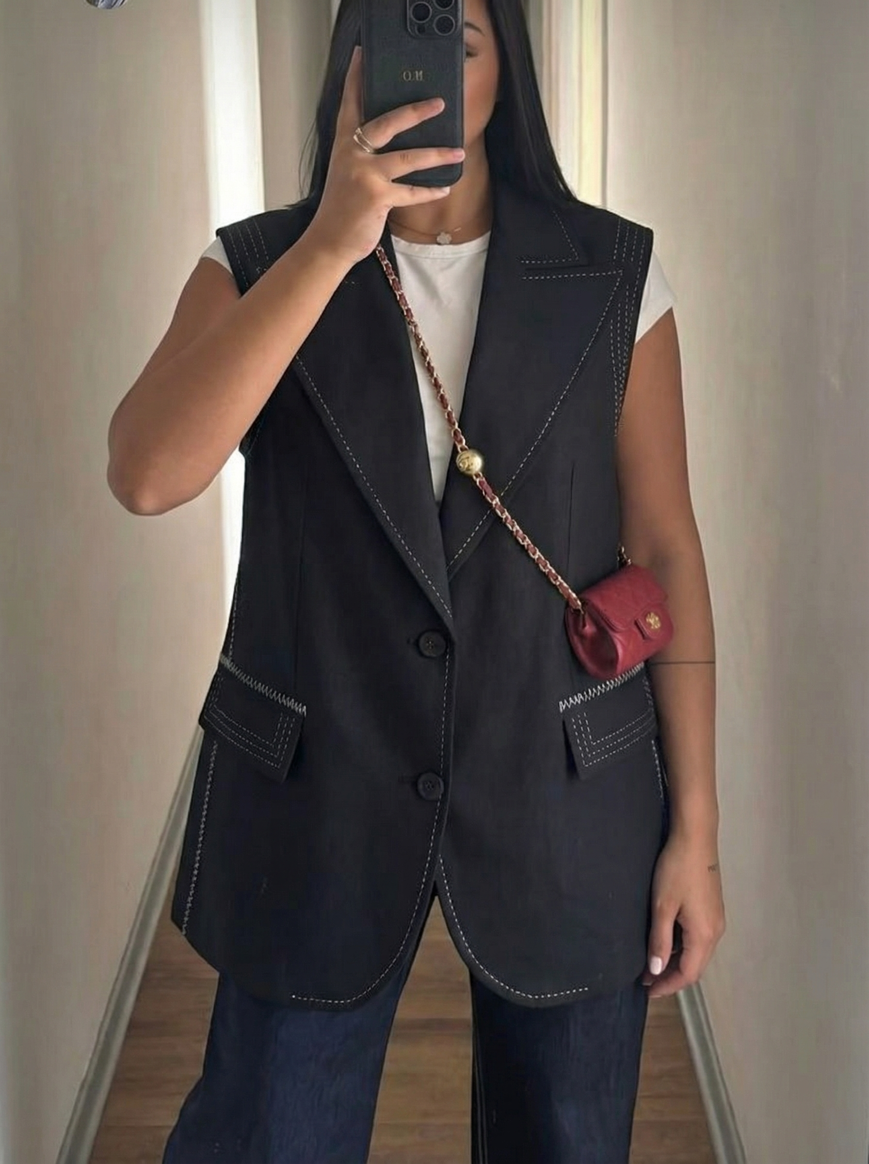 Linen-Blend Sleeveless Blazer with Decorative Stitch Detailing