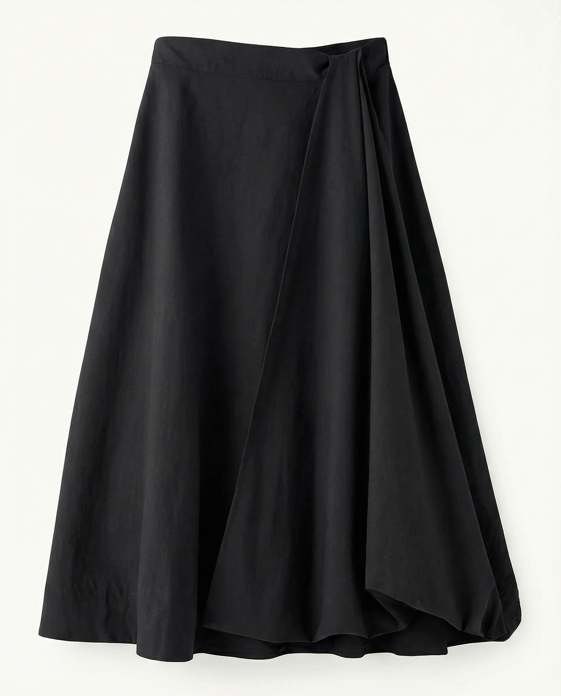 Sculptural black midi skirt with front draping