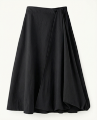 Sculptural black midi skirt with front draping