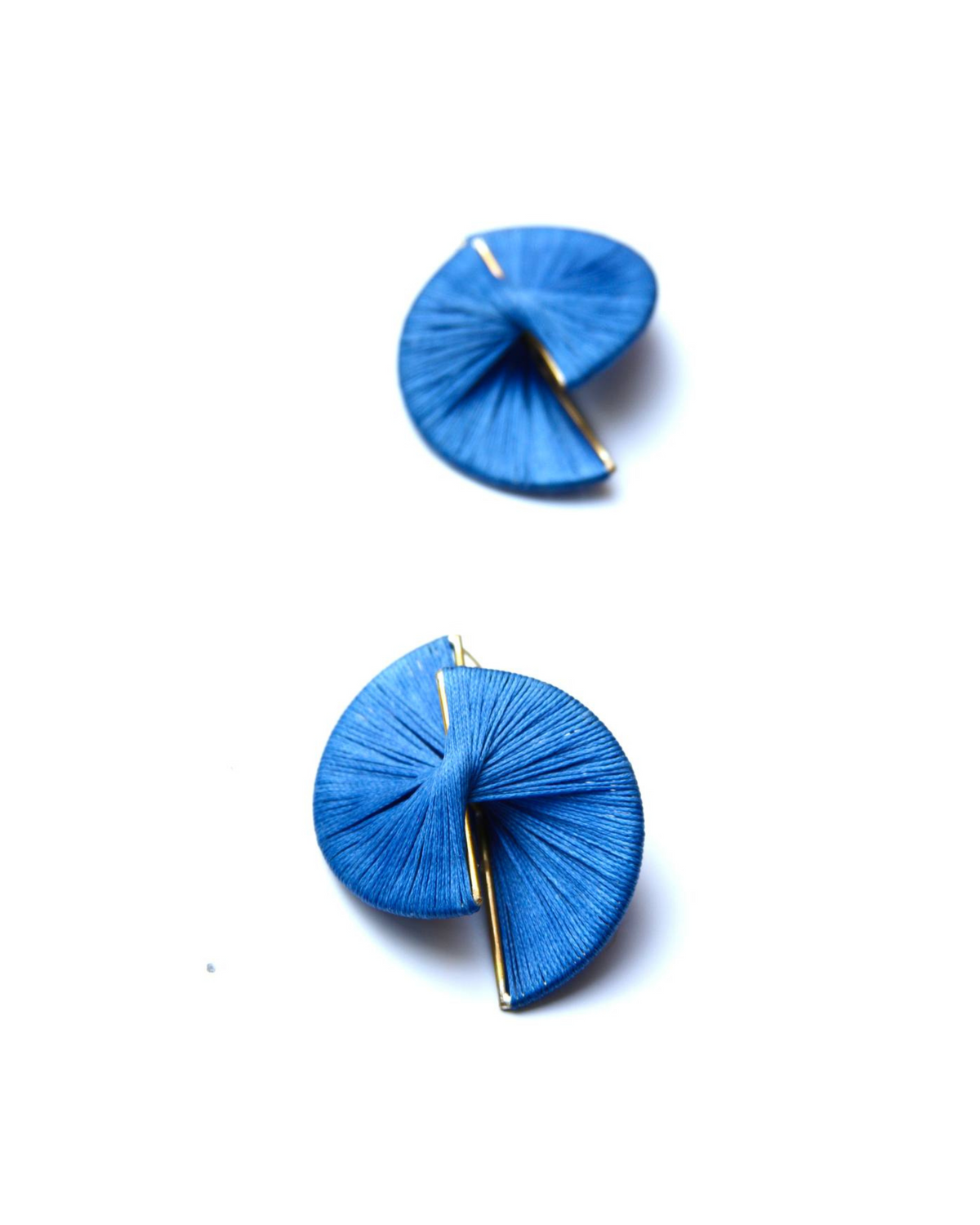 Handmade blue fan-shaped statement earrings with gold accent