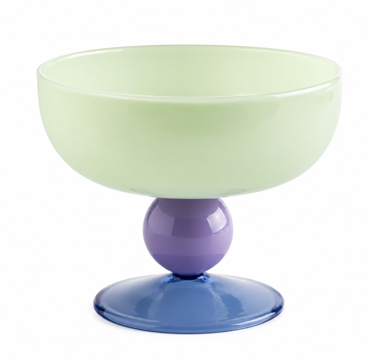 Colorful glass bowl with a stand on a white background