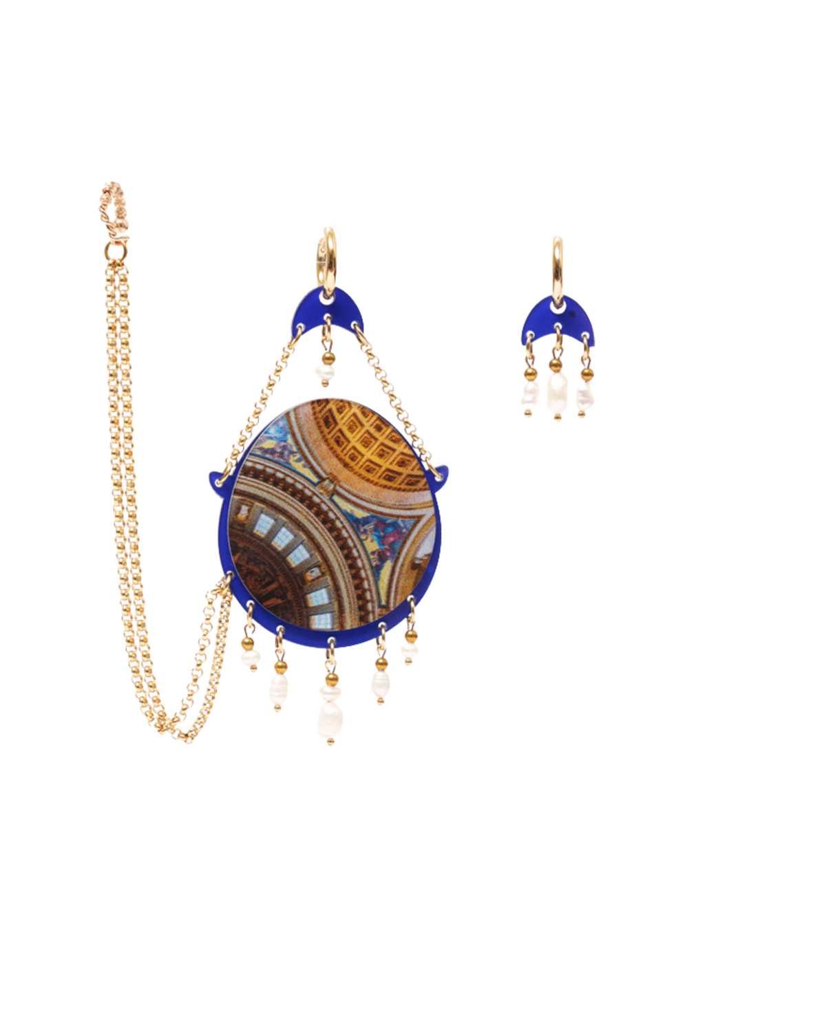 Handmade Persian dome earrings with gold chain and pearls