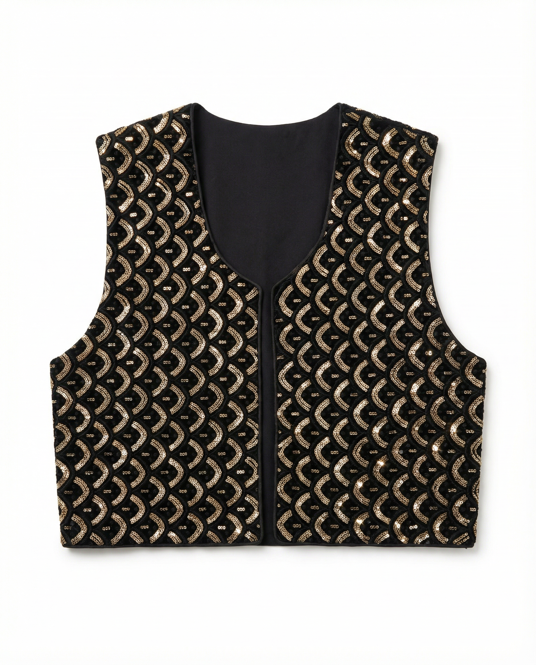 Black and gold patterned vest on a white background