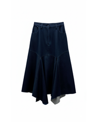 indigo flared denim skirt with handkerchief hem on hanger