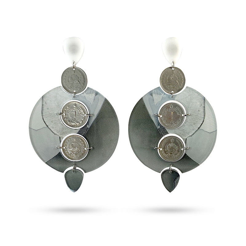 Fanoos Earrings with vintage Iranian coins – front view