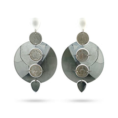 Fanoos Earrings with vintage Iranian coins – front view