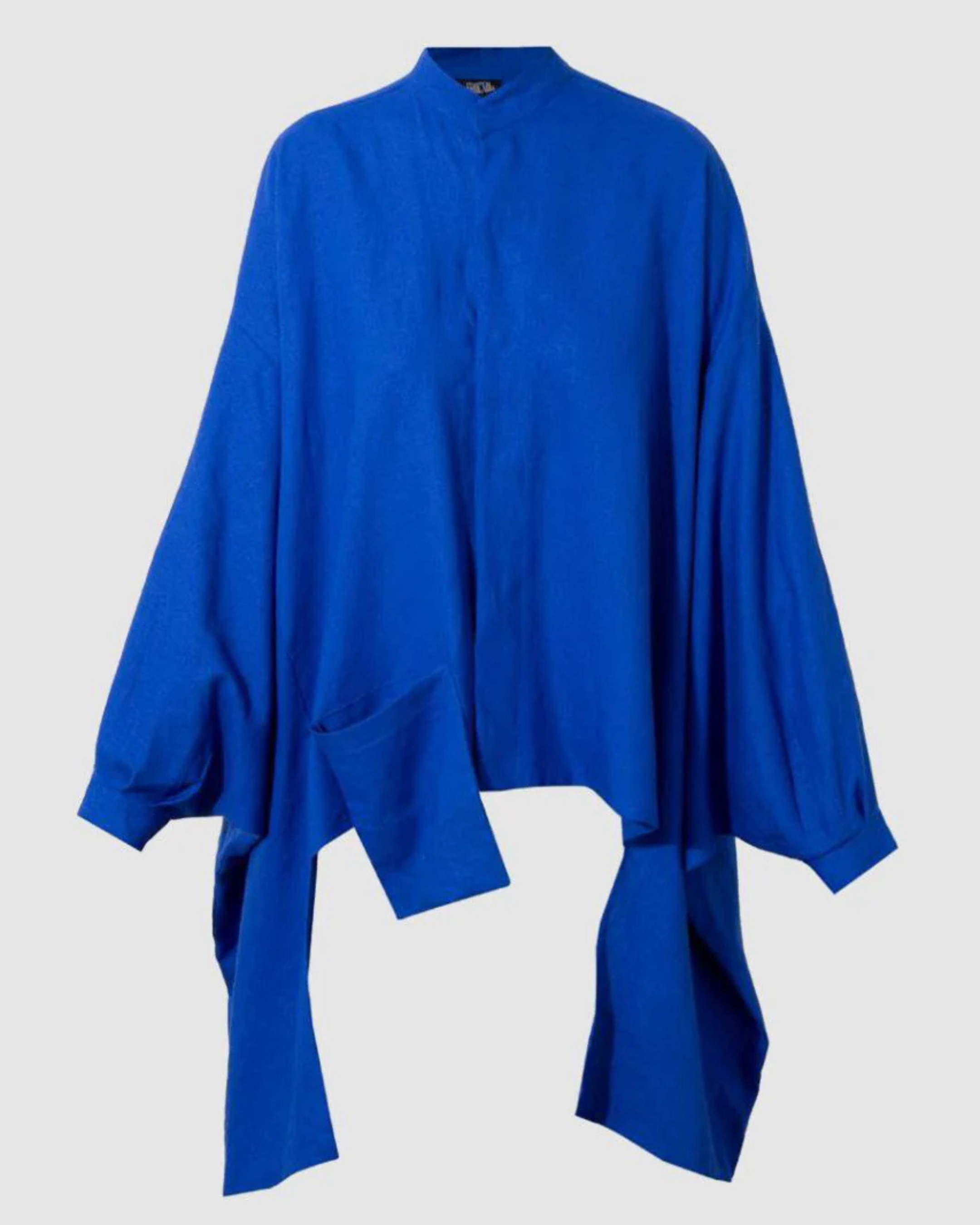 Asymmetric hem linen blouse with front pocket and draped panels
