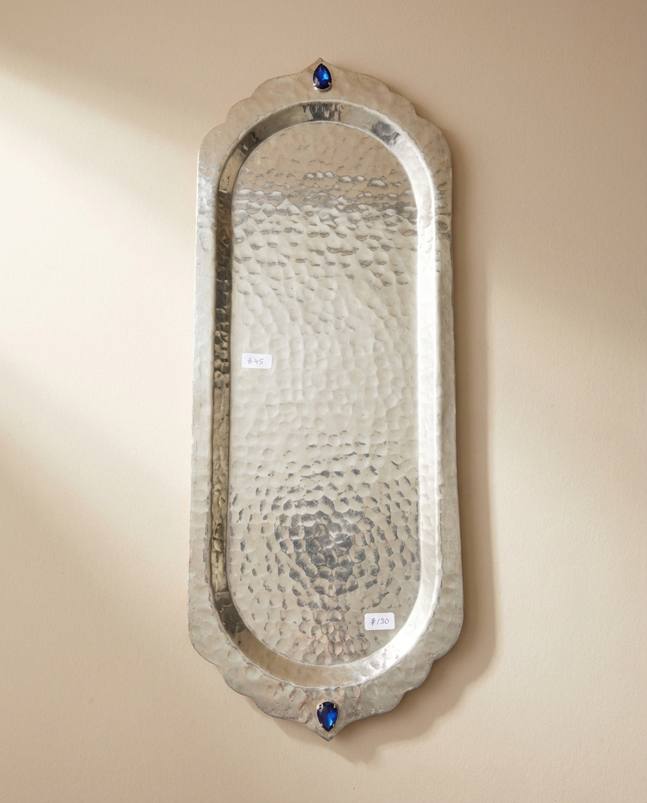 Handmade hammered copper oval tray with blue jewel detail