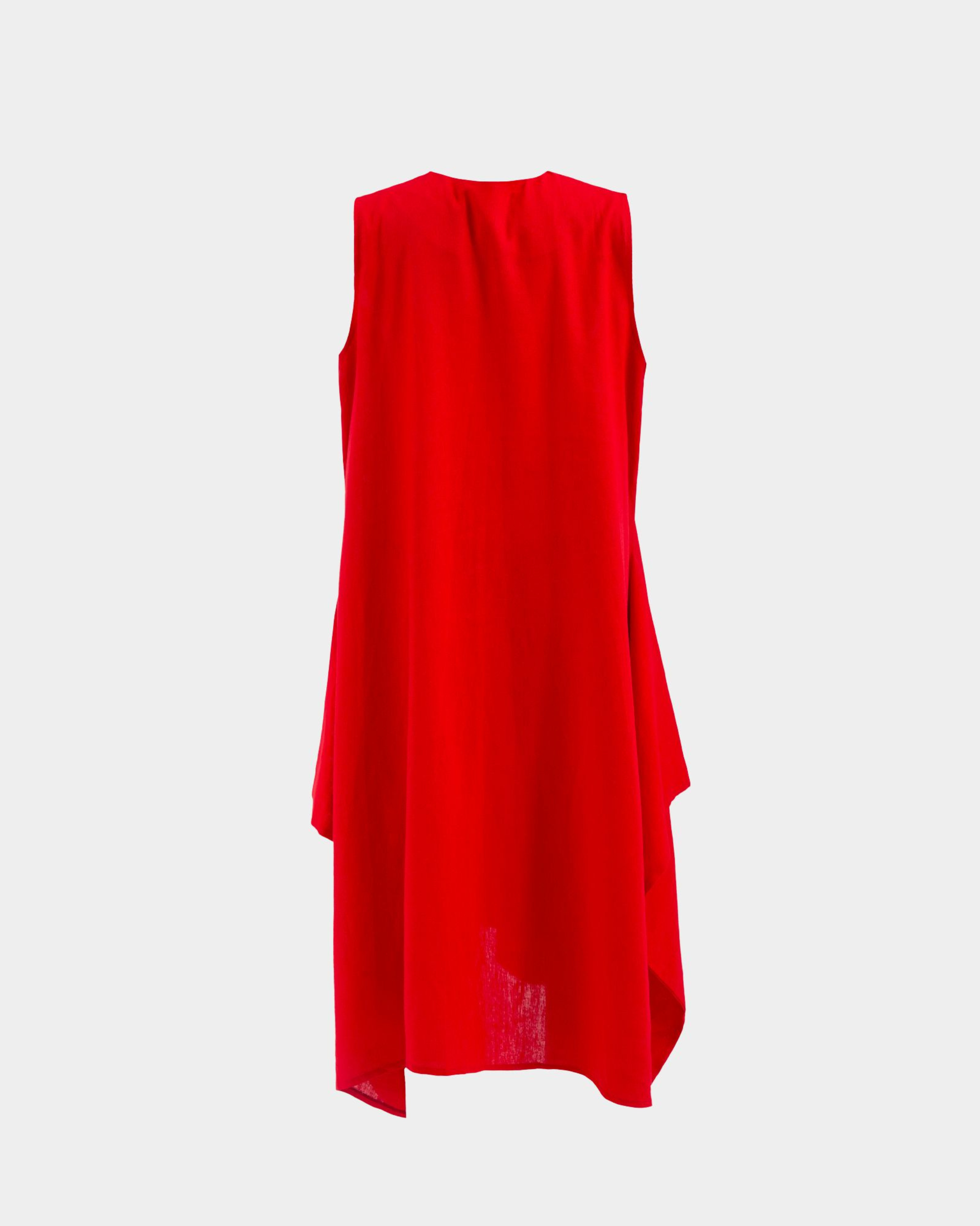 back view red linen midi dress with flowing hem