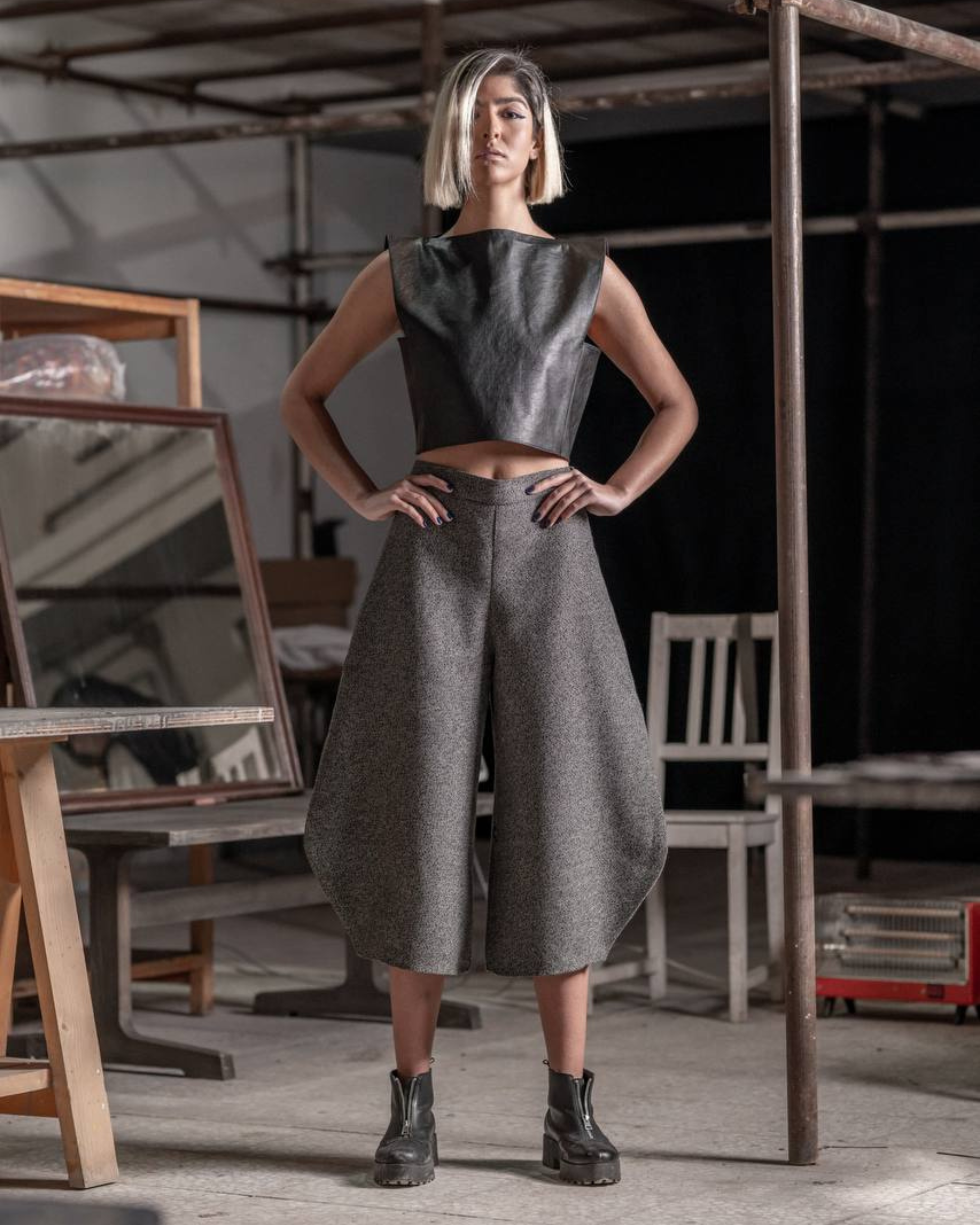 wool blend sculptural wide leg pants on model