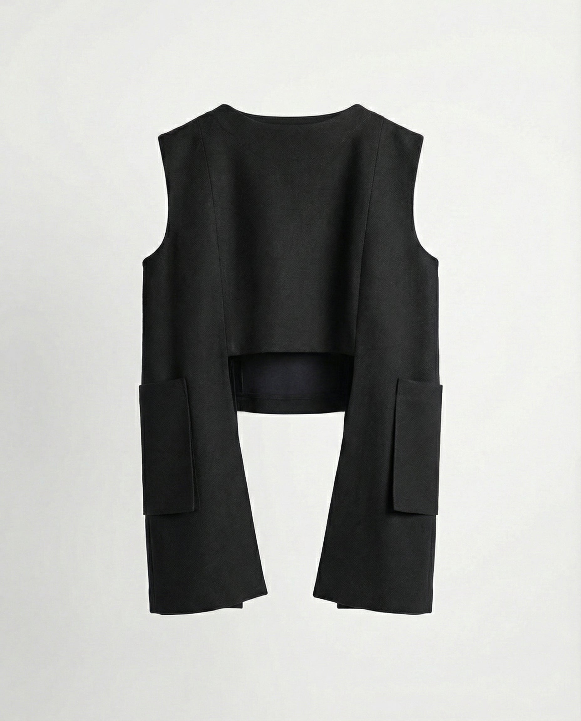 Black structured linen top with wide shoulders and front opening