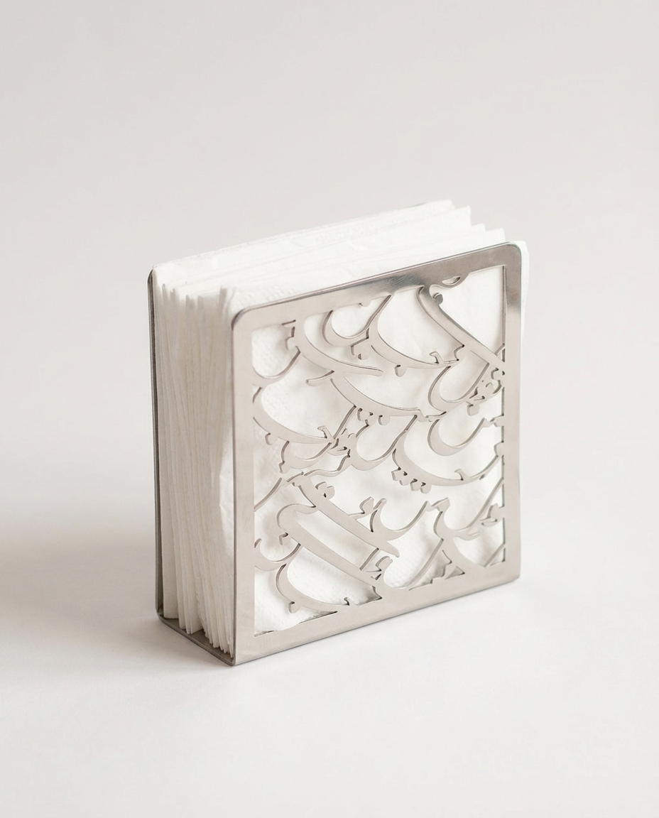 Silver metal calligraphy napkin holder front view