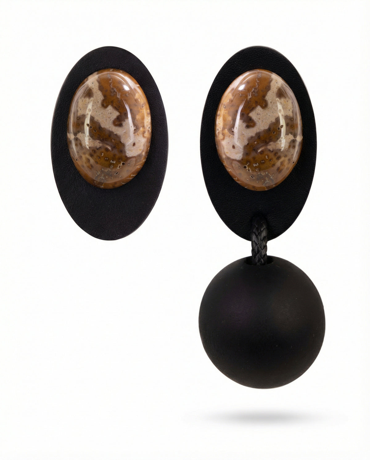 Handmade wood leather stone drop earrings front view