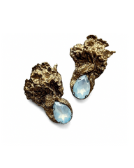 Handmade bronze papier-mâché earrings with blue teardrop stones