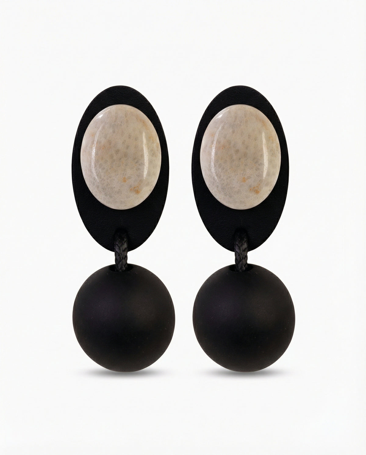Handmade wood leather stone drop earrings front view