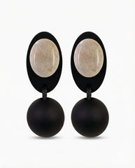 Handmade wood leather stone drop earrings front view