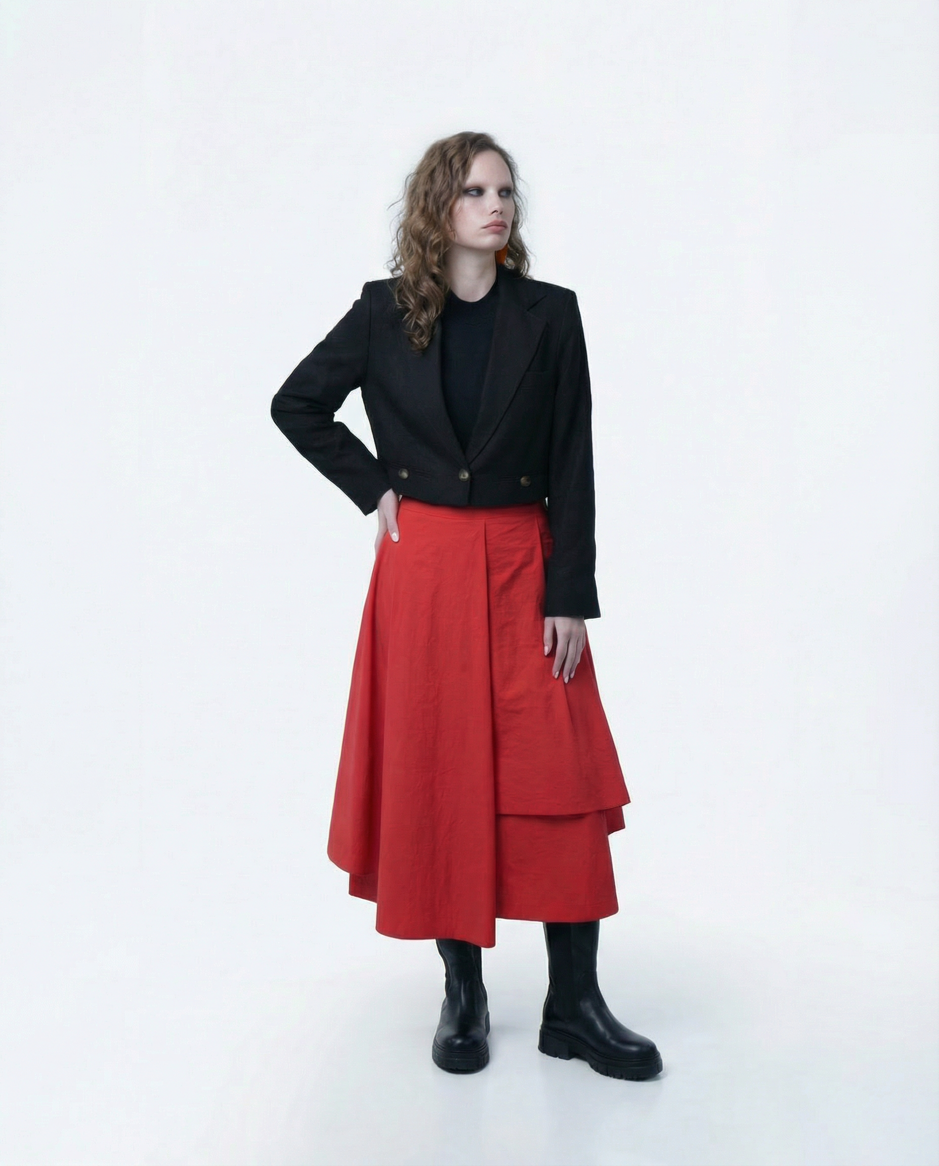 red poplin-blend skort with layered asymmetric design — full look