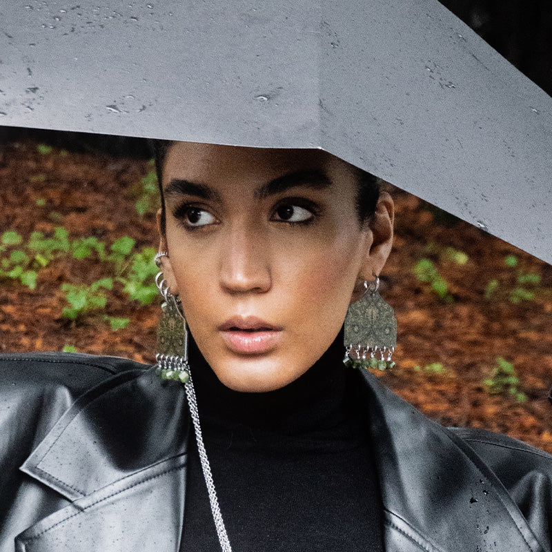 Vaqar heritage earrings in green with beaded details